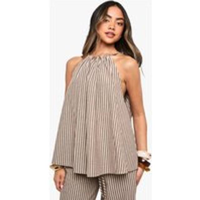 Womens Linen Look Stripe Halter Neck Top - Brown - 6, Brown