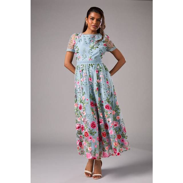 Petite Embroidered Mesh Midi Dress With Lace Trim - Blue - 10