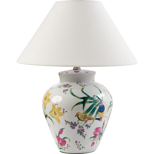 Beliani - Stylish Table Lamp with a Floral Patten Porcelain Base Linen Bell Shade Lighting White Diogo