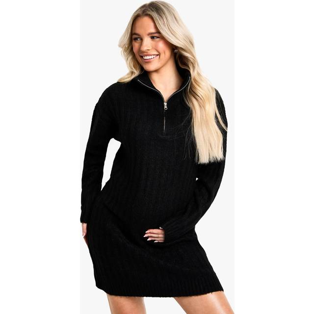 Womens Maternity Soft Knit Thick Rib Zip Neck Oversize Mini Dress - Black - 12, Black