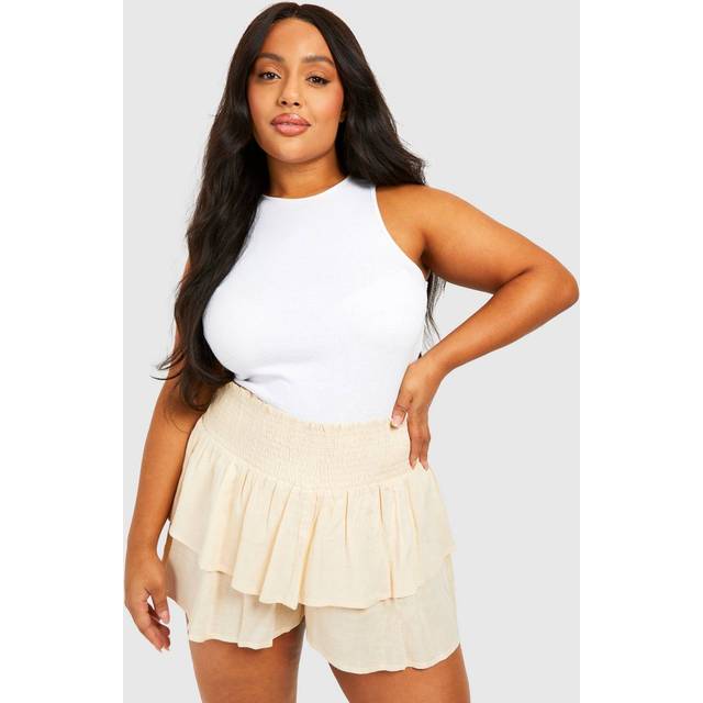Womens Plus Shirred Waist Flippy Linen Feel Short - Stone - 26