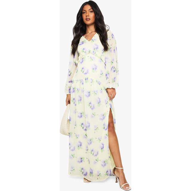 Womens Maternity Chiffon Long Sleeve Pleated Waist Maxi Dress - Yellow - 8, Yellow