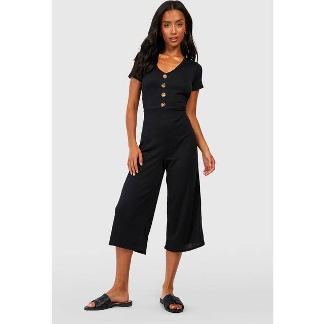 Womens Petite Rib Mock Horn Button Culotte Jumpsuit - Black - 14, Black