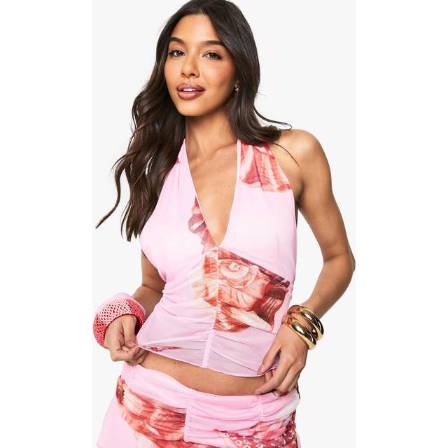 Womens Printed Mesh Halter Ruched Waist Top - Pink - 14, Pink