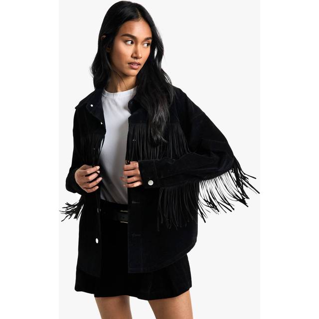 Womens Suede Look Fringe Detail Shacket - Black - 8, Black