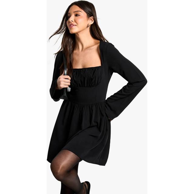 Womens Textured Long Sleeve Milkmaid Mini Dress - Black - 14