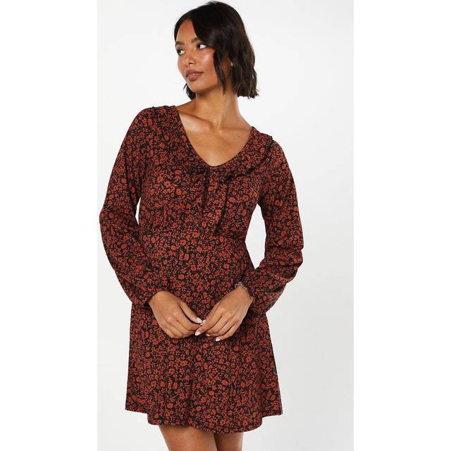 Womens Burgundy Ditsy Frill Front V Neck Mini Dress - Floral - 14