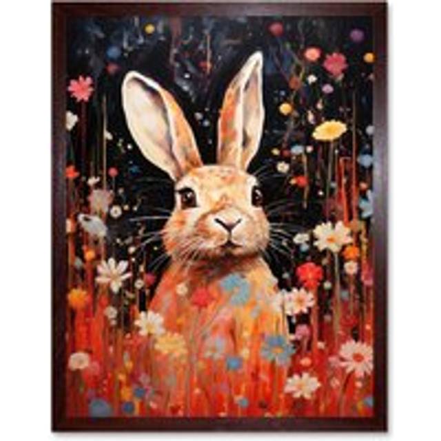 Wall Art Print Spring Bliss Oil Painting Cute Bunny Rabbit in a Daisy Flower Meadow Kids Bedroom Art Framed - Brown - W12 inch x H16 inch