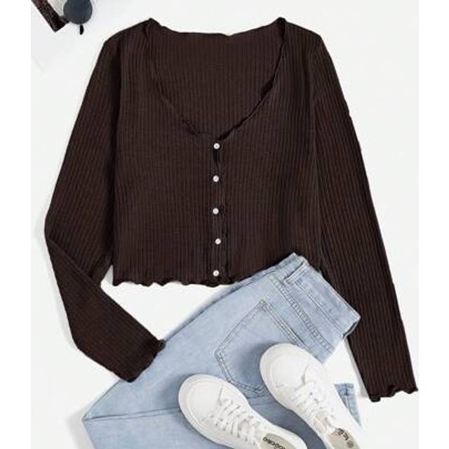 SHEIN Plus Size Women&#39;s Solid Color Single-Breasted Long Sleeve Ruffle Hem Casual T-Shirt