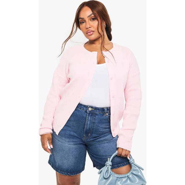 Womens Plus Fine Gauge Crew Neck Cardigan - Pink - 16