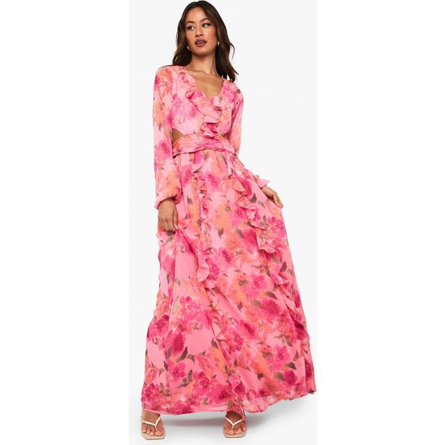 Womens Tall Floral Chiffon Volume Sleeve Maxi Dress - Pink - 8, Pink