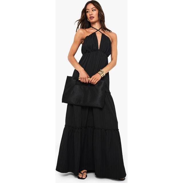 Womens Tall Textured Crinkle Strappy Tiered Maxi Dress - Black - 14, Black
