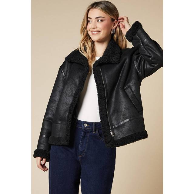 Womens Zip Through Borg Aviator Jacket - Black - 18