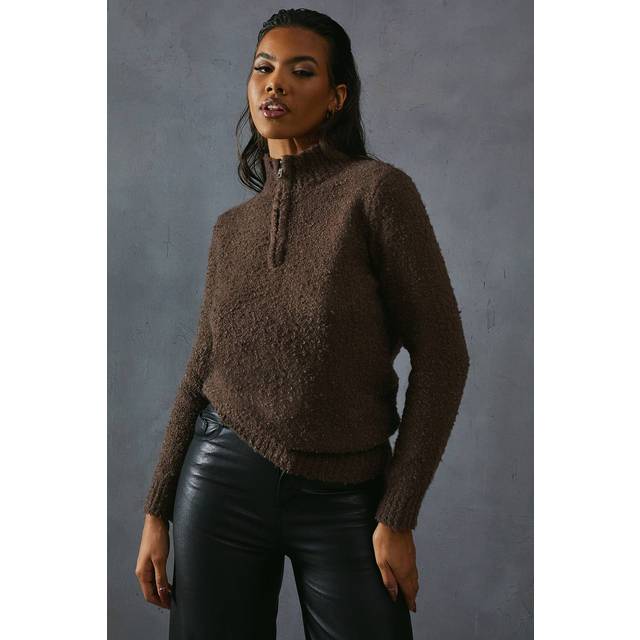Misspap womens pullover jumper chocolate knitted boucle full zip long sleeve
