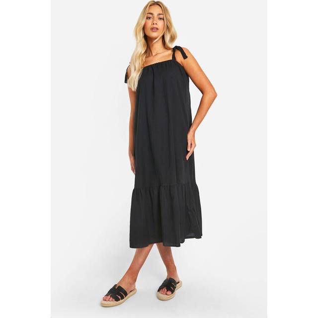 Womens Tie Strap Linen Look Midaxi Dress - Black - 8, Black
