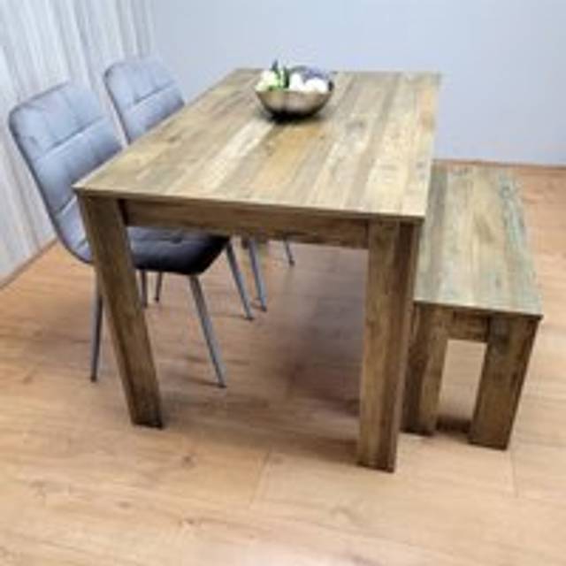 Kosy Koala Dining Table Set for 4 Rustic Effect Dining Table With 2 Grey Velvet Chairs and 1 Matching Bench (RTC140+2GYRC+1B), Multi