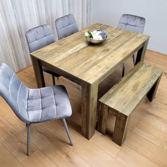 Kosy Koala Wooden Dining Table Set for 6 Rustic Effect Table With 4 Grey Velvet Chairs and 1 Bench (RTC140+4GYRC+1B), Multi