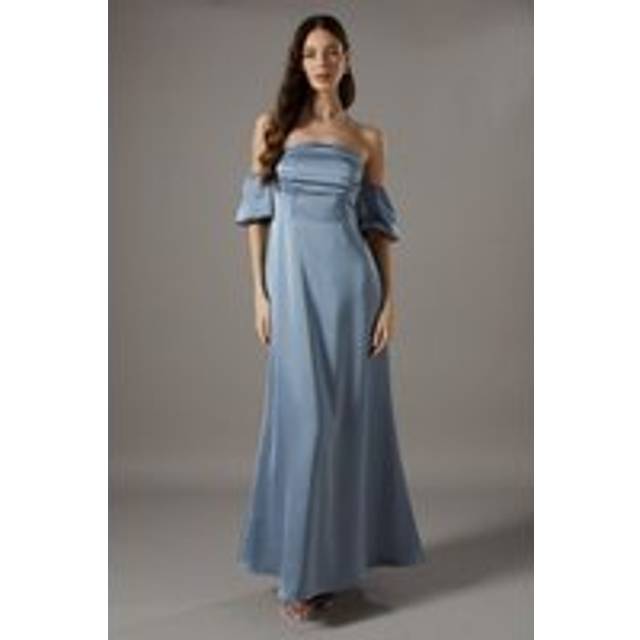 Puff Sleeve Bardot Satin Maxi Bridesmaids Dress - Dusty Blue - 18