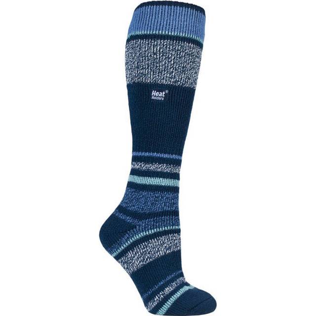 Heat Holders Womens Long Knee High Striped Ski Socks - Indigo Blue Nylon - Size 4-6.5 (UK Shoe)