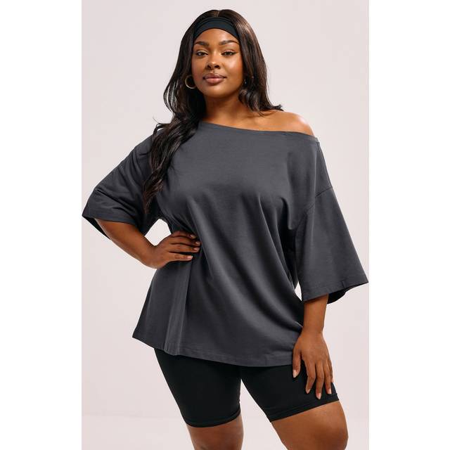 Yours Curve Grey Slash Neck Heavyweight Tshirt, Women's Curve & Plus Size, Yours - 30-32