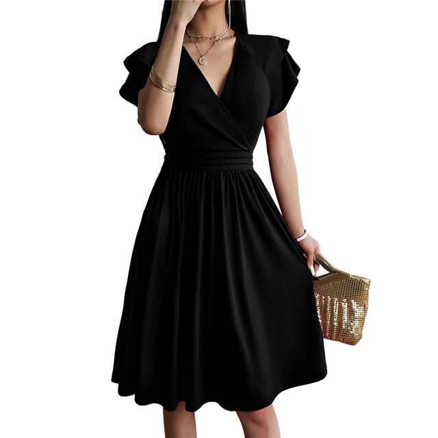 Summer Midi Dress 2025 Spring V Neck Cocktail Wedding Guest A Line Fit and Flared Dresses Black L