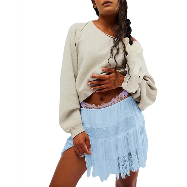 Women'S Y2k Half Slip Skirt Low Rise Pleated Ruffle LaceTrim Layered Flowy Short Skirts Underskirt Light Blue XL