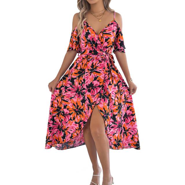 Women 2025 Summer Boho Cold Shoulder Suspender V Neck Dress Casual Split Thigh Flowy Long Black & Red L