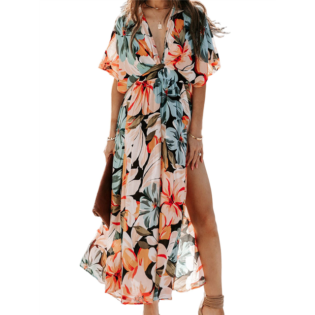 Women'S Summer Maxi Dress Short Sleeve V Neck Casual Loose Long Beach Split Dresses Orange Color M