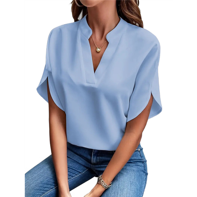 Women'S Chiffon Blouse Shirt V Neck Dressy Tunic Tops Blue XL