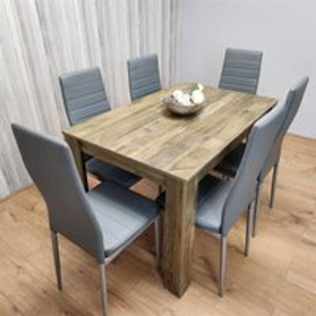 Kosy Koala - Dining Table and 6 Chairs Rustic Effect Wood Table 6 Grey Leather Chairs Dining Room