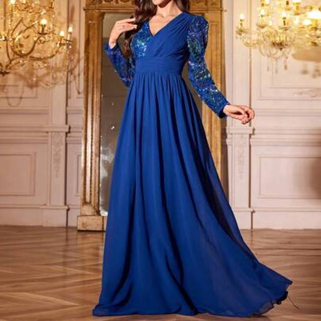 SUPGIR [Random Cut] Women V-Neck Princess Sleeve Sequin Patchwork Pleated Cinching Waist Flowy Elegant Formal Dress