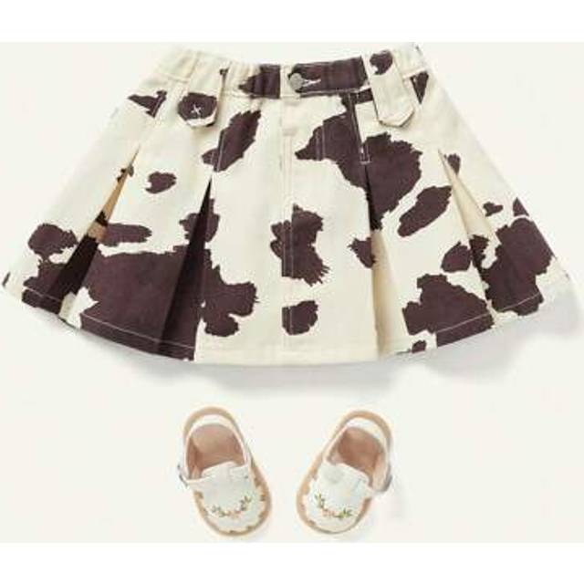 SHEIN Young Girl Color Blocking Cow Print Pleated Casual Denim Mini Skirt, Summer