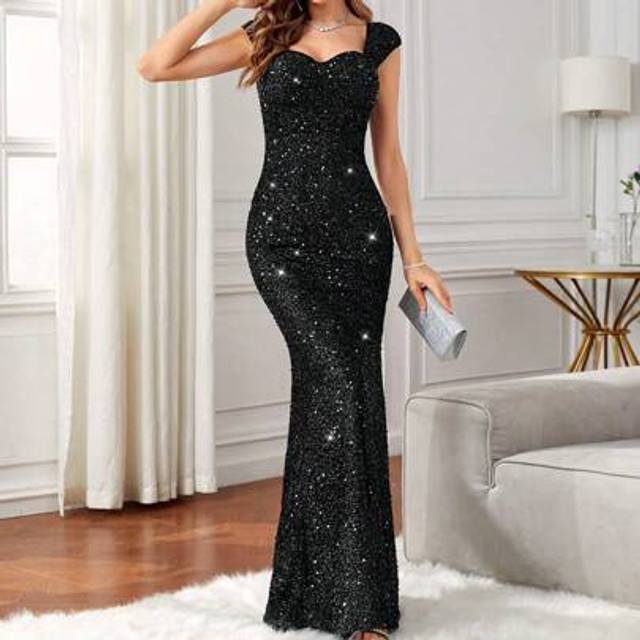 SHEIN Sweetheart Neck Mermaid Hem Sequin Formal Dress Black Elegant Prom Evening Wedding Guest Gown, For Graduation, Dinner For Holiday Party Clothes