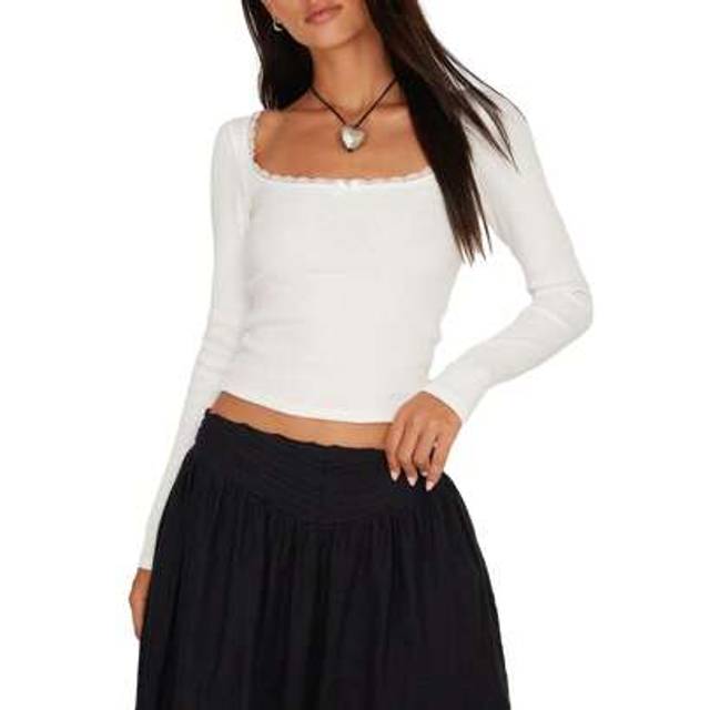 SHEIN Women Solid Color T-Shirt Long Sleeve Square Neck Lace Patchwork Slim Fit Fall Tops Summer Causal Going Out Tops Club Streetwear