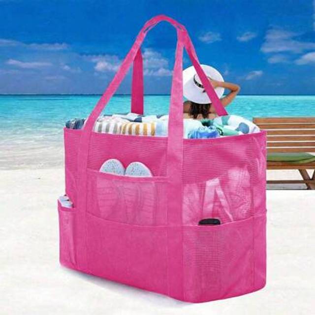 SHEIN 1PC Mesh Beach Bag Large Beach Tote Bag, Multi-Use Organizer With Zipper Closure, Foldable Handy Large Mesh Tote Bag Lightweight For Family Beach Bag