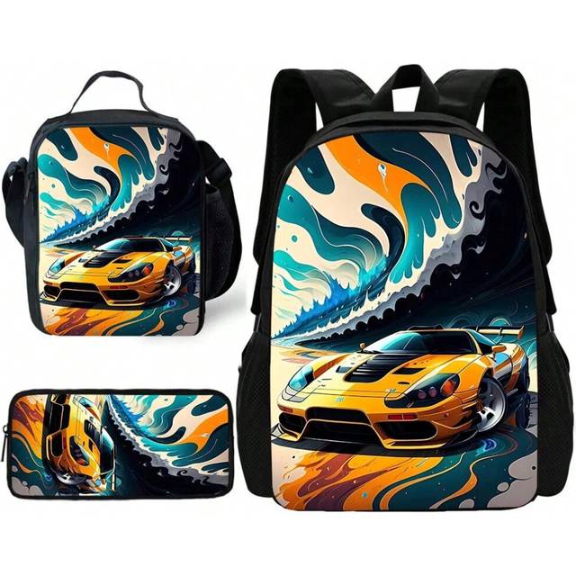 (TZ-193LCH54A4) Hot Wheels Cars Child School Backpack with Lunch Bags ,Pencil Bags ,School Bags for Boys Girls Best Gift