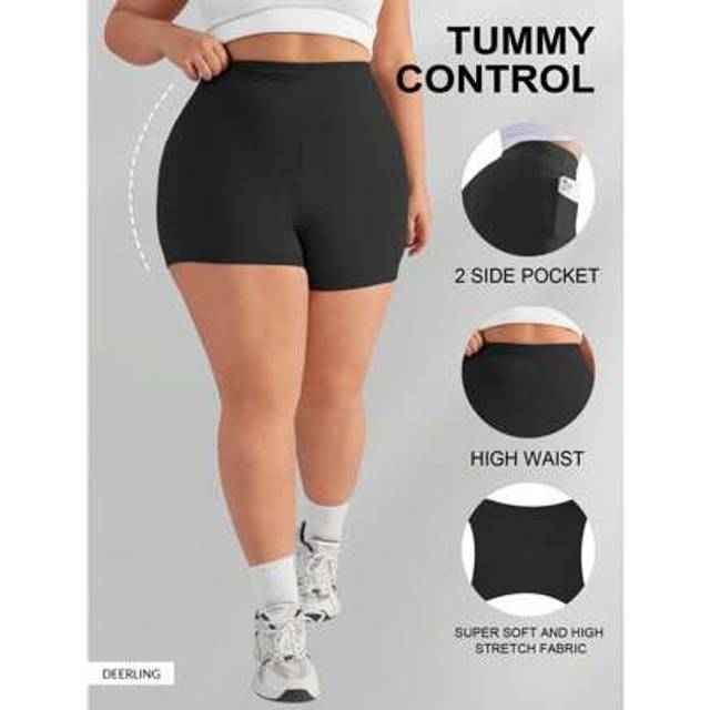 SHEIN Plus Gym Shorts For Women Cycling Shorts Ladies High Waist Black Yoga Shorts Tummy Control With Pockets Workout Running Sports Activewear Fitness