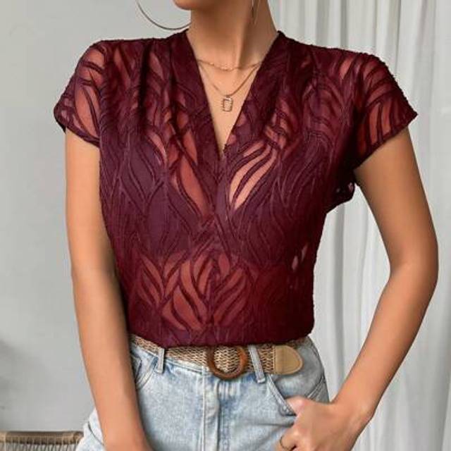 Calvaya Women&#39;s Fashion Lace Embroidered Sheer Short Sleeve Blouse, Burgundy Top