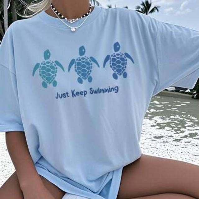 SHEIN 1 Pc Girls Casual Turtle Graphic Print Round Neck Short Sleeve T-Shirt, Summer Student Younger Kid Fashion - Imaginative & Self-Expressive Turtle Artw