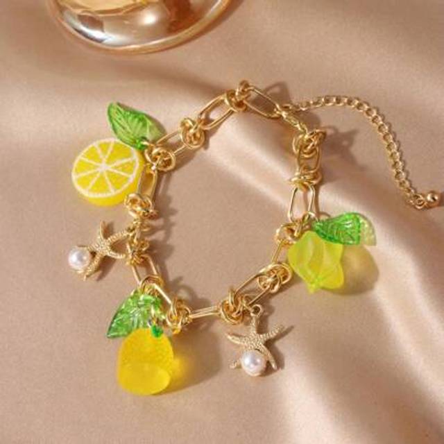 SHEIN 1pc Sweet Imitated Fruit Lemon & Starfish Tassel Bracelet, Suitable For Women Everyday And Holiday Wear
