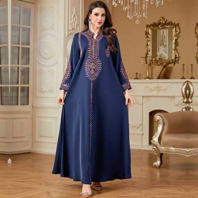 SHEIN Women&#39;s Vintage Style Sequins Embroidery V-Neck Long Sleeve Arabian Dress, Spring/Summer, Modest Kaftan