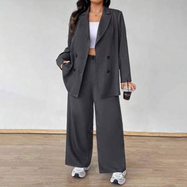 SHEIN Plus Size Spring/Summer Petite Casual/Office Elegant Plain Suit Set (Blazer + Pants) Graduation,Back To School,Teacher Outfits For Women
