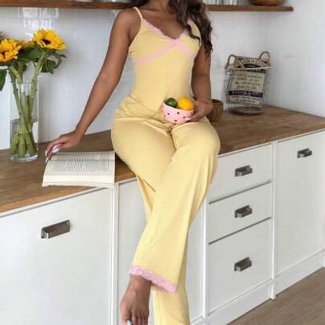 SHEIN Women&#39;s Casual Lace Patchwork Camisole & Long Pants Pajama Set
