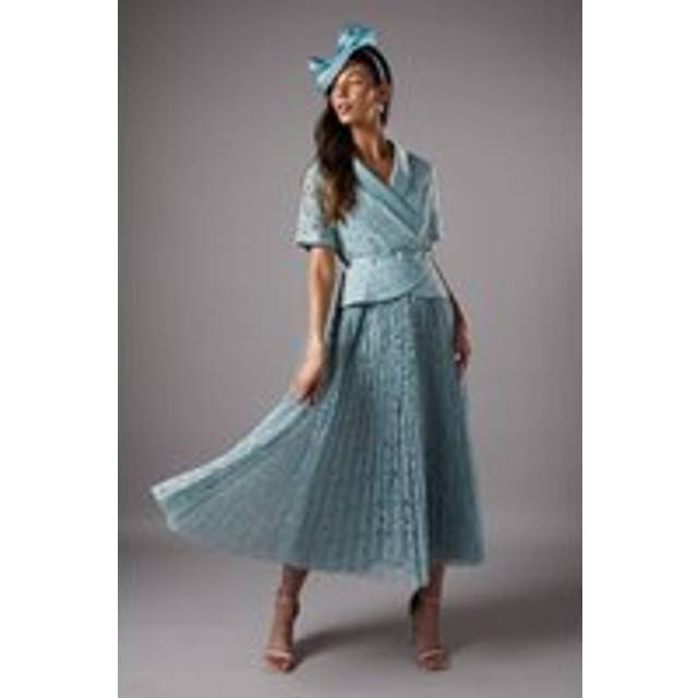 Lace Midi Wrap Top Full Skirt Dress - Powder Blue - 10