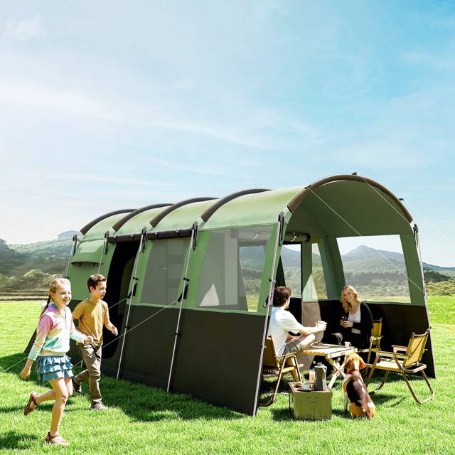 Outsunny 8-Person Camping Tent Tunnel Design with 4 Large Windows Green