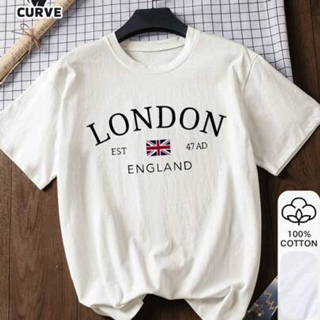 SHEIN London Print, Summer Plus Size Women&#39;s Casual 100% Cotton Short Sleeve, Summer T-Shirt, Casual Women Outfits, White Top, Graphic T-Shirt, Cotton T-Shi