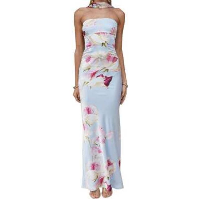 SHEIN Women Long Dress Floral Print Tube Dress Summer Fashion Backless Casual Strapless Dress With Choker Scarf