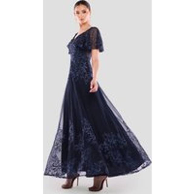 Lace Flutter Sleeve Embroidered Mesh A Line Maxi Dress - Navy Blue by Goddiva - 18