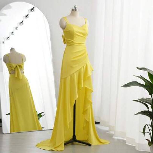 SHEIN BROWNCOCO Women&#39;s Sexy Butter Yellow Party Dress - Spaghetti Strap Ruffle Hem Slit Spaghetti Strap Party Prom Dress, Clubwear, Night Out, Dinner, Wedd
