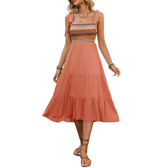 Women Sleeveless Summer Dresses Wedding Guest Maxi Ribbed Knit with Pockets Orange Color M